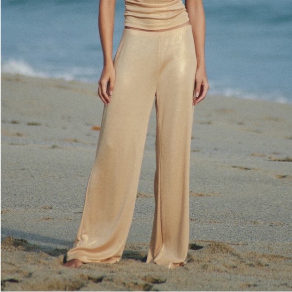 NWT Zara Gold Metallic Shimmer Wide-Leg Pants Knit Pants sz Med